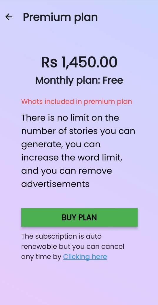 Pricing plan of story generator